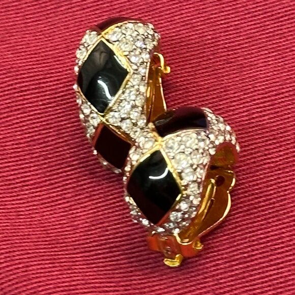 VTG Kenneth Lane Gold-Tone, Black Enamel & Clear Crystal Clip Earrings - Picture 15 of 16